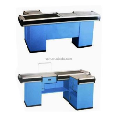 China RH-CE003 2600*1150*950mm cold rolled steel checkout counter with conveyor belt for sale