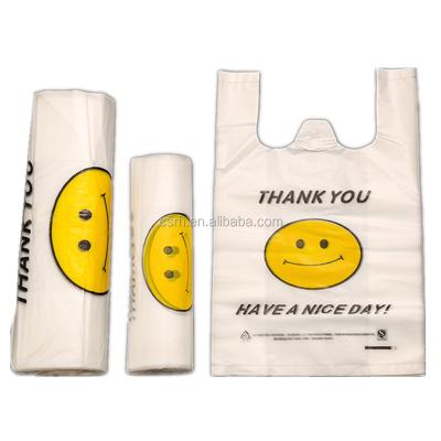 China Security RH-TSB 50S, 100pcs/roll smile face and thank you logo plastic supermarket shopping vest bag for sale