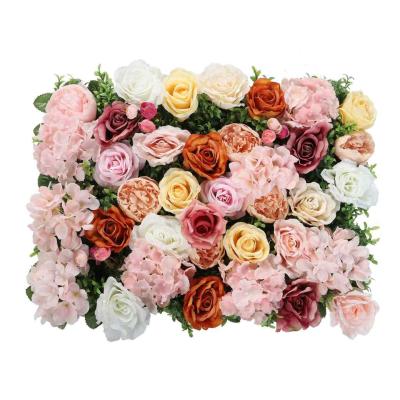 China Natural Artificial Flower Walls Decoration Artificial Silk Rose Flower Wall Panel Touch Wedding Backdrop for sale