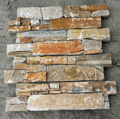 China Modern natural quartzite gold decorative exterior and interior wall panel stacked stone cement back for sale