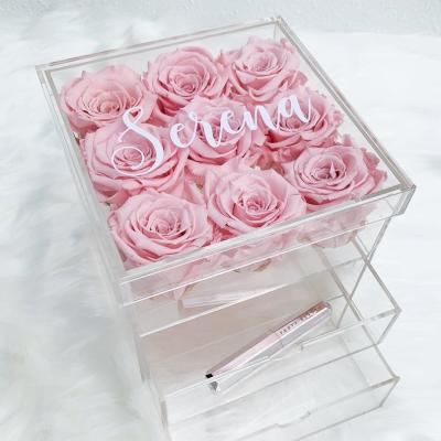 China Durable Naxilai Logo Printing Clear Luxury Plastic Removable Divider 9 Holes Flower Acrylic Flower Box Rose Case With Acrylic Drawer for sale