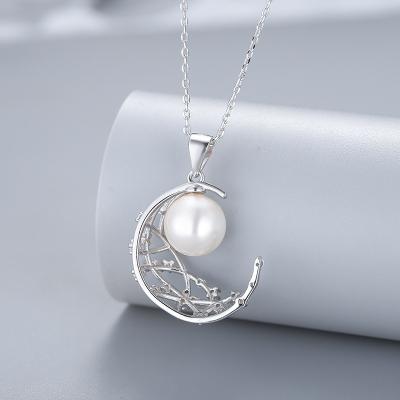 China Environmental friendly. Simple Design 9mm Shell Pearl Moon Diamond Pendant Necklace 925 Silver Necklace Fashion Jewelry for sale