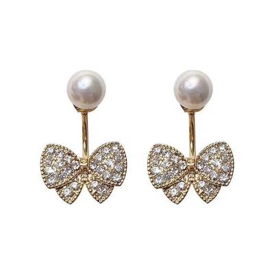 China New Style S925 Mail Durable Silver Pearl Diamond Pendant Earrings Bow Back Jewelry Hanging Earrings for sale