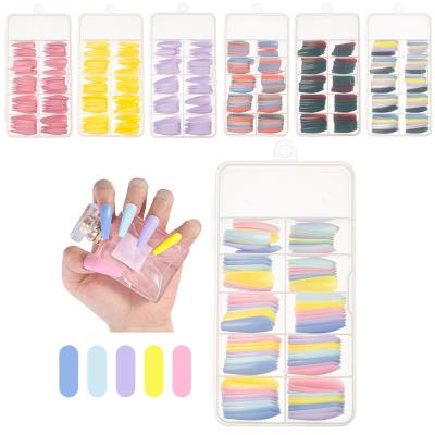 China 100pcs/box Mix Nail Color Full Cover Coffin Finger Artificial Nail Tips Wholesale Fake Manicure Extra Long Artificial Nail Tips Ballet for sale