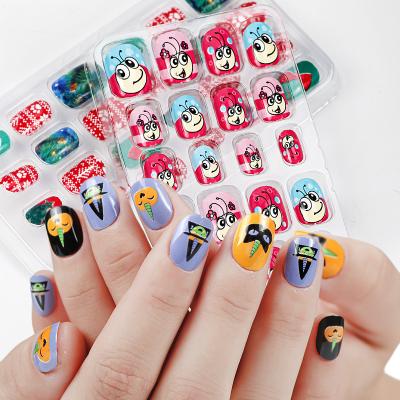 China Nail tips; 24 PCS Winter Christmas Halloween Cartoon Artificial Tricks Kids Fake Nail Tips Full Cover Child Press On Nails for sale