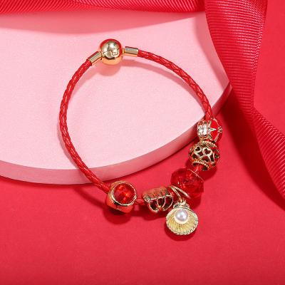 China New Fashion Yiwu Jewelry Kids Bracelet Charms Environmental Friendly Red Leather Bead Bracelet Dangling Cavity Beaded Bracelets For Kids Gift for sale