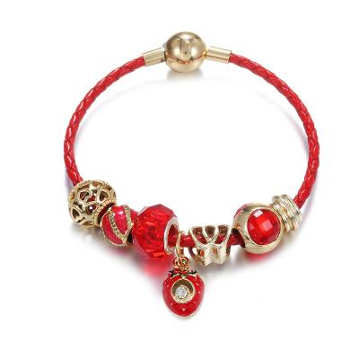 China New Fashion Yiwu Jewelry Kids Bracelet Charms Eco-Friendly Red Leather Strawberry Bracelet Dangling Cavity Beaded Bracelets For Kids Gift for sale