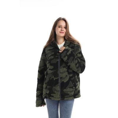 China Anti-pilling Women's Full Zipper Printing Custom Oversized 100% Sherpa Fleece Hoodie Polyester Camouflage Fleece Lamb Plush Hoodies for sale