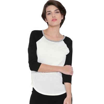 China Wholesale Anti-pilling Women's Simple Black And White Curved Raglan Edge Baseball 3/4 T-Shirt for sale