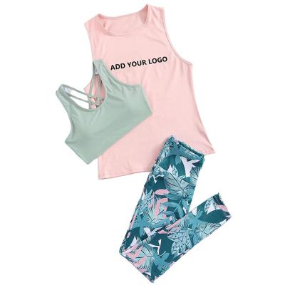 China Customized Women's Anti-Pilling 3pack Sports Bra And Slogan Graphic Tank Top And Leggings Tropical Set for sale