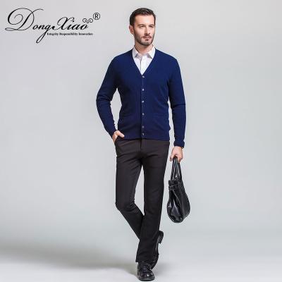 China Anti-pilling Knitted V-Collar Merino Wool Cardigan Navy Blue Male Sweater for sale