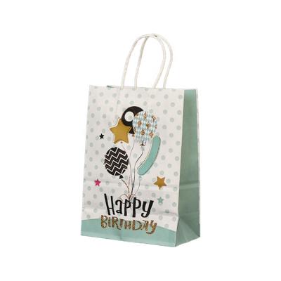 China Biodegradable Kraft Paper Birthday White Paper Bag Beautifully Printed Gift Bag With Paper String for sale