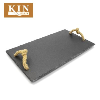 China Hygienic And Unique Black Natural Board Slate Cheese Tray Rope Handles for sale