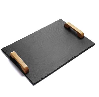 China Sustainable natural slate tray with wooden handle finished with coating for sale