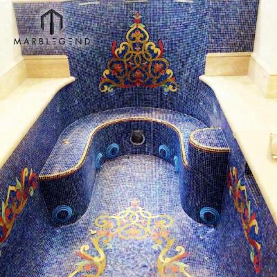 China Beverly Hills Project Special Backsplash Design of Parquet and Pool Blue Glass Mosaic Pattern for sale