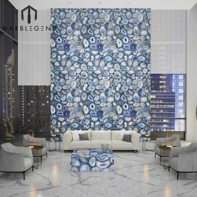 China Modern Backlit Wall Cladding Decoration Natural Semi Precious Stone Blue Agate Marble Slab for sale