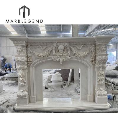 China Classic Traditional PFM Fireplace Mantel Surround Mantel Hand Carved Marble Fireplace Frame For Villa for sale