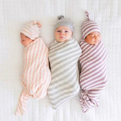 China Folded Soft Ataya Newborns Wrap Set Organic Cotton Stripe Baby Wrap Covering With Skullcap for sale