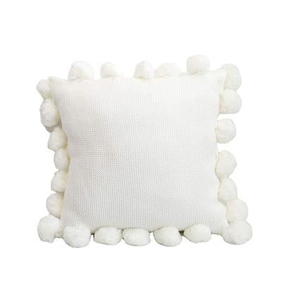 China Sustainable Knitted Pillow With Pompoms Fringe Striped Cable Knit Decorative Pillow Cushion For Home Decorative for sale