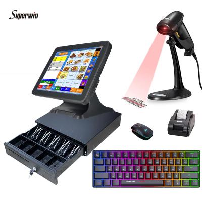 China Superwin CY-65 touch screen terminal single pos of supermarket with scanner/cash drawer/card reader/58mm or 80mm printer cashier machine for sale