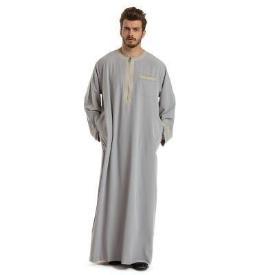 China Polyester fiber thobes saudi abaya round neck embroidered long robe men islamic thobe for sale