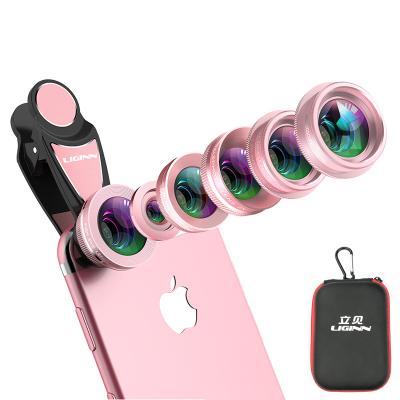 China LIGINN Aluminum Glass + Optics 6 in 1 FULL Fisheye Wide Angle Telephoto Macro Filter Kaleidoscope Lens Kit for Smartphone with Clip for sale