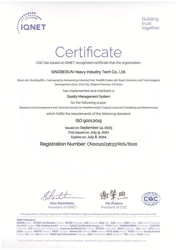 ISO 9001:2015 - SINOBERUN Heavy Industry Tech Co., Ltd.