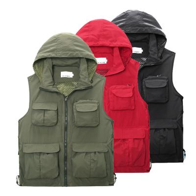 China Anti-pilling Men's Multi Pockets Cargoes Fisherman Hoodie Vest Waistcoat For fishing shooting Hiking Journalist Photography Camping Vest for sale