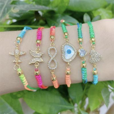 China CLASSIC High Quality Rainbow Rope Braided Heart Adjustable Butterfly Flat Zircon Bangle Infinity Bracelet for sale