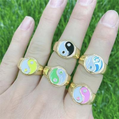 China CLASSIC Fashionable Brass Enamel Ring Women Exquisite Smile Face Flower Eyes Yin Yang Ring Finger Jewelry for sale