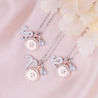 China Exquisite 925 Sterling Silver 12 Zodiac Sign Necklaces Lucky Rose Gold Plated CZ Bling Charm Pendant Necklace for Women for sale