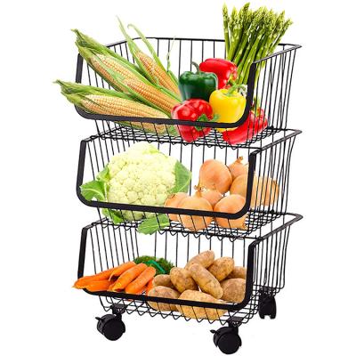 China Single Sided Rolling Standing Storage Bins Metal Wire Racks Floor Cart Stackable Storage Fruit Vegetable Snacks Pantry Organizer for sale