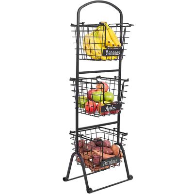 China Single Sided 3-Tier Wire Market Basket Free Standing Snack Fruit Vegetable Product Metal Hanging Storage Bin For Kitchen Pantry for sale