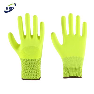 China Soft and felxible micro foam three quarter nitrile coated hi viz fluorescent yellow safety work glove for sale