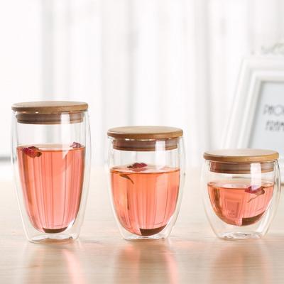 China Borosilicate Glass Cup 450ml Glass Cup Double Wall Viable Tea Glass Coffee Mug With Bamboo Lid for sale