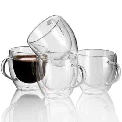 China Sustainable High Borosilicate 300ml Transparent Heat Resistant Insulated Glass Mugs With Double Wall Glass Cup For Tea With Handle for sale