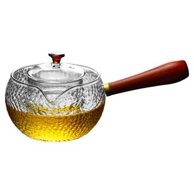 China Teapot High Side Borosilicate Glass Handle Viable Heat Resistant Thickened Solid Wooden Pot With Filter Screen for sale