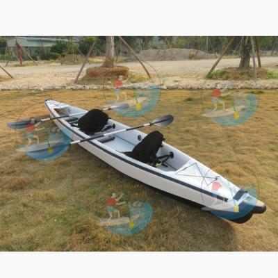 China Tandem Kayak Stock 2 Person Factory Customized Fishing Canoe Rowing Boat Pedal Drop Point Inflatable Kayak With Drain Hole for sale