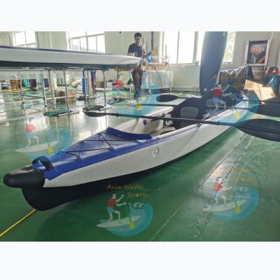 China Outdoor Hot Selling Tandem Kayak 2 Person Fishing Material Inflatable Canoe Rowing Boat Drop Point Kayak With Pedal for sale