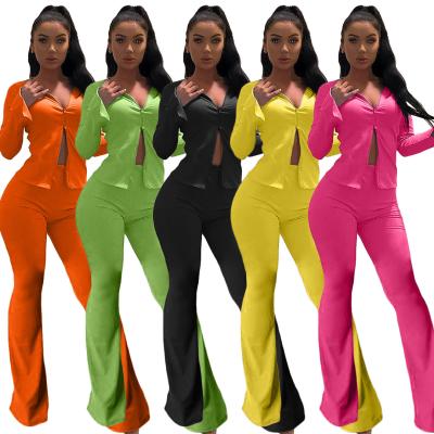 China Autumn Women Zipper Slit Sleeves Long Flared Two Piece Set Top Pants Tracksuits for sale