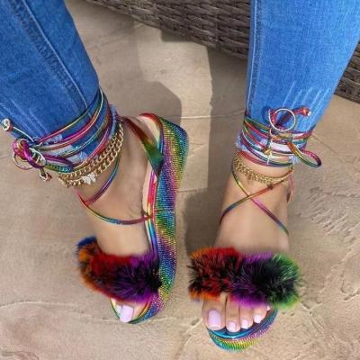 China 2021 Fashion Trend New Rhinestone Fashion Colorful Furry Plus Size Women's Sandals Foot Ring Strap Chunky-soled PU Sandals for sale