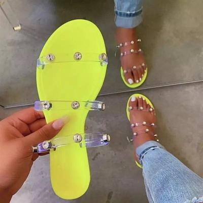 China Fashion Trend Hotsale Women Summer Women Crystal Slippers Rivet Flat Soft Bling Female Neon Slides Beach Outdoor Shoes for sale