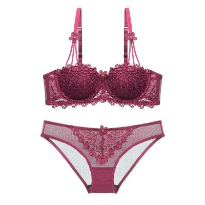 China Antibacterial hot sale women lace up transparent bra brief set fashion lace lift up bra panty set women underwear for sale