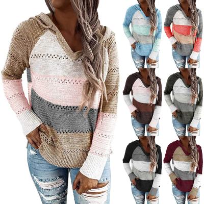 China Autumn Casual Sweatshirt Ladies Sweater Women's Long Sleeve Striped Hooded Quilted Colorful Knitted Loose Anti-Shrink Drawstring Sweatshirt Dress for sale