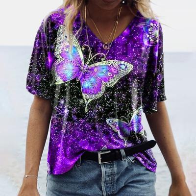 China Casual Short Tee Femme Plus Size Lady Summer Anti-wrinkle Women's Loose T-shirts Sleeve V-Neck Butterfly Printing Tops 2021 for sale