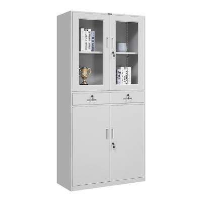 China Modern Office File Cabinet Iron Locker Gray White Removable Steel Upper Glass Lower Iron Door Middle Two-Drawer File Data Cabinet for sale