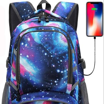 China Functional& Sturdy& Cute Galaxy Bag For School Student Bookbag Travel Business With USB Port Laptop Anti Theft Filling Bag With Reflective Night Light for sale