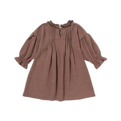 China Solid Color Autumn Girls Linen Baby Dresses Long Sleeve Anti-static Fashionable Cute Little Girls Clothes for sale