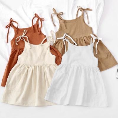 China New Summer New Baby Kids Girl Sleeveless Dress Solid Color Anti-static Comfortable Linen Cotton for sale