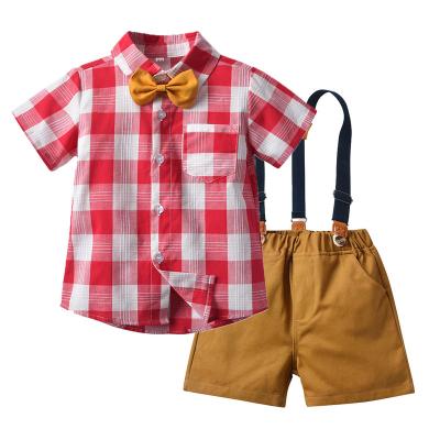 China Grid Kids Boys Suspender Pants Boy Summer Clothing Sets Short Sleeves Print Tops Shirt Flower Shorts Suits Overalls for sale